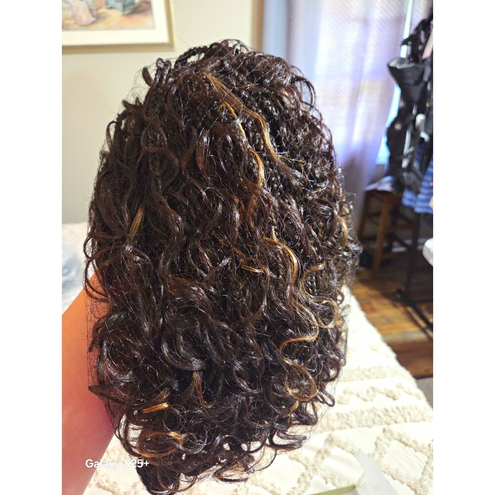 13x6 Lace Front Wig HD Pre-Cut Curly Synthetic Highlight Brown 12in